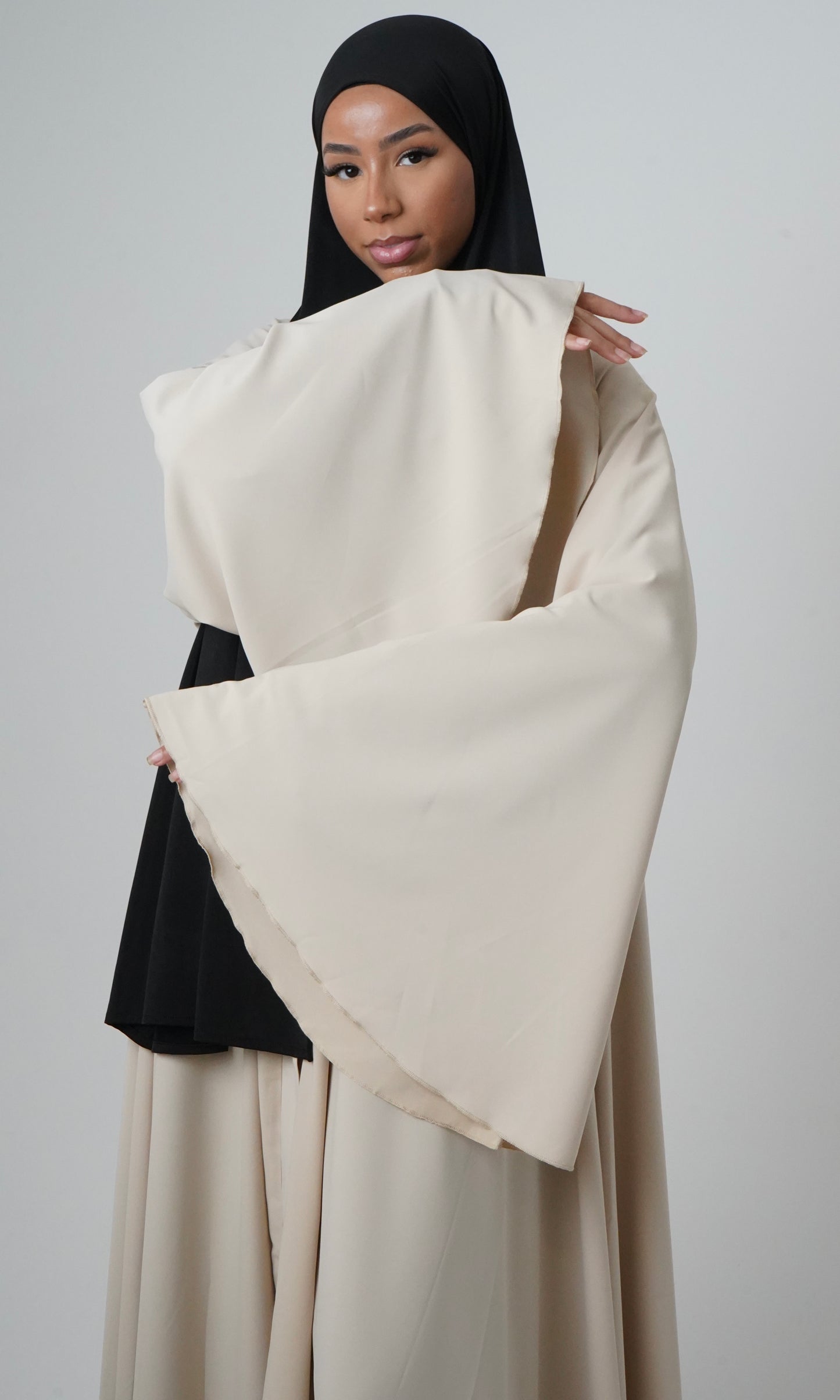 Open Bell Sleeve Abaya with Pop Buttons | Beige