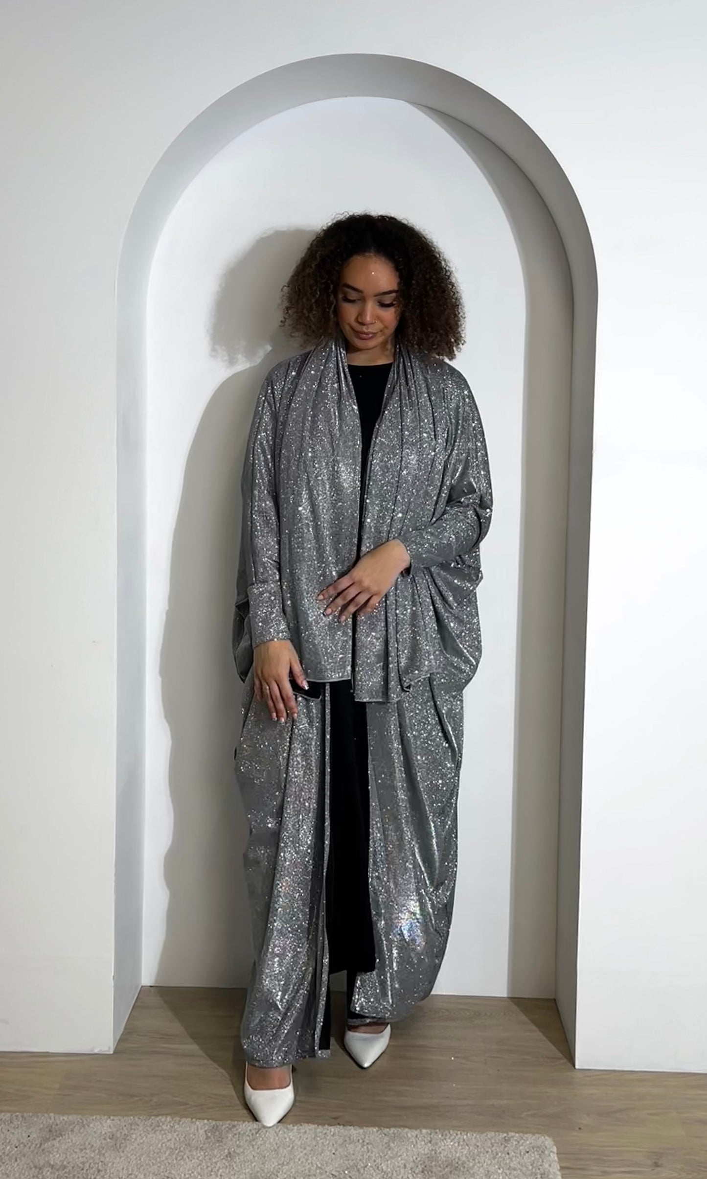 Glitter Batwing Abaya | Grey OPEN ABAYA
